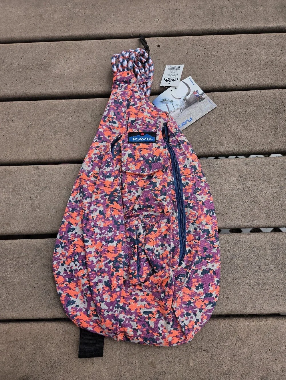 NEW Kavu Berry Punch Rope Sling Bag Purse Crossbody Multicolor Camo Purple Pink